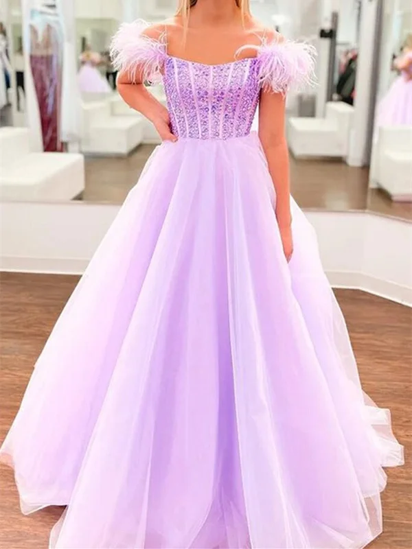 Off Shoulder Beaded Lilac Tulle Long Prom Dresses, Off the Shoulder Purple Formal Dresses, Purple Evening Dresses Tunics Running lightweight