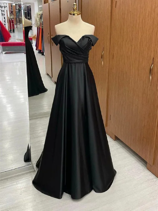 Off Shoulder Black Satin Long Prom Dress, Long Black Formal Graduation Evening Dress Tunics Modern contemporary