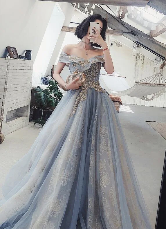 Off Shoulder Long Sweetheart Lace Applique Prom Dress Party Dress, Floor Length Evening Dresses Tunics Chic fashionable