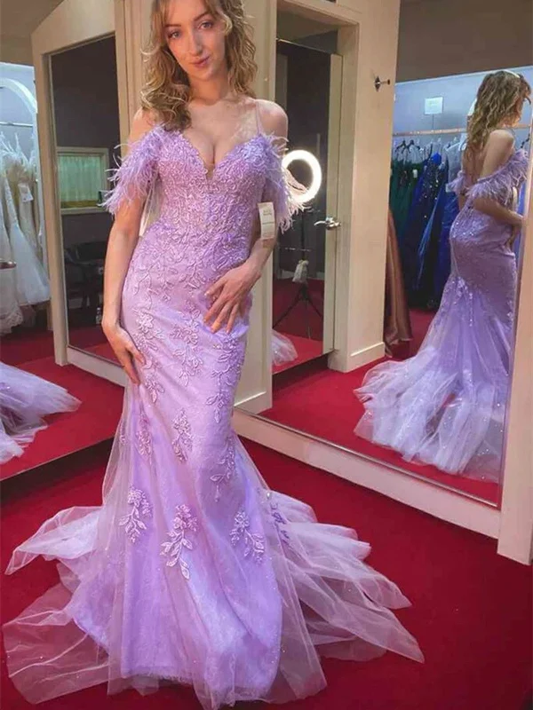 Off Shoulder Mermaid Purple Lace Long Prom Dress, Mermaid Purple Formal Dress, Purple Lace Evening Dress Mermaid Tail Wedding