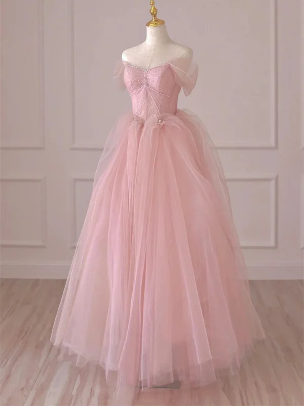 Off Shoulder Pink  Lace Tulle Long Prom Dresses, Beautiful Pink Off Shoulder Formal Evening Dresses Lace Sexy Club