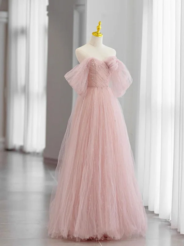 Off Shoulder Pink Tulle Long Prom Dress, Beautiful A Line Off Shoulder Formal Evening Dress Tunics Fashionable trendy