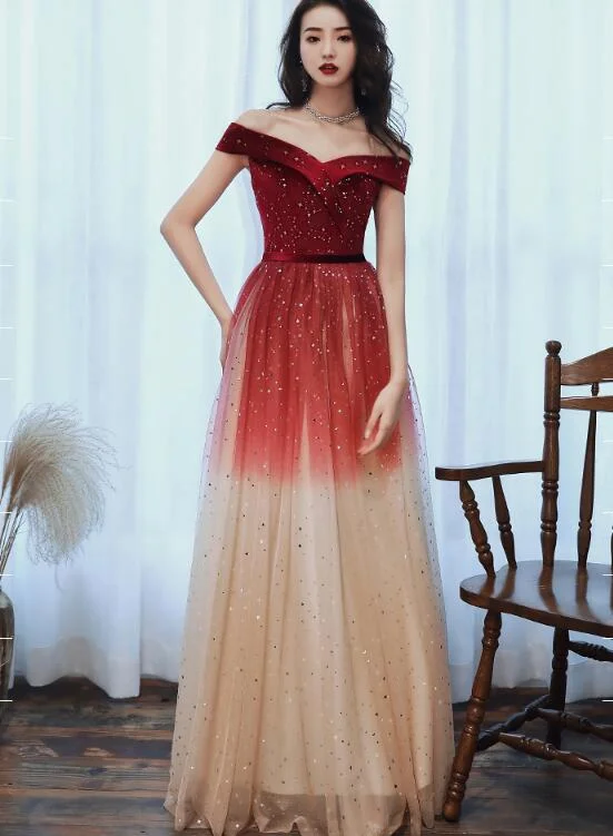 Off Shoulder Red Tulle Long Gradient Formal Dress, New Prom Dress Wedding Party Dress Tunics Silk luxurious