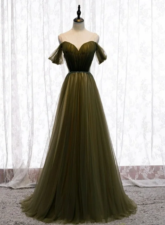 Off Shoulder Tulle Sweetheart Floor Length Long Party Dress, A-line Wedding Party Dresses Boat Neckline Classic