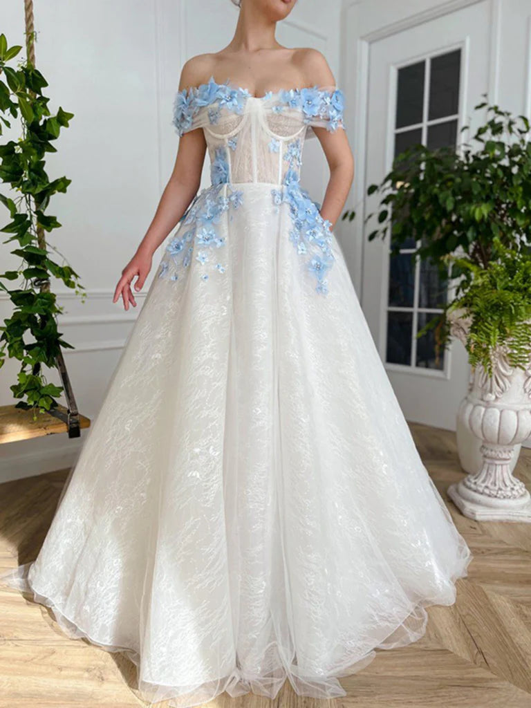 Off Shoulder White Long Prom Dresses with Flowers, Off The Shoulder White Formal Evening Dresses Tunics Polka dots