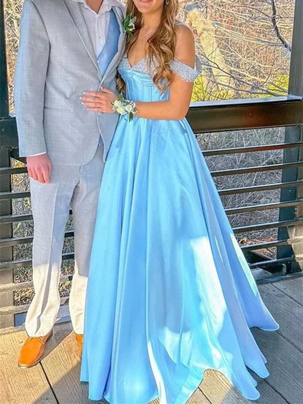 Off the Shoulder Beaded Light Blue Satin Long Prom Dresses, Light Blue Formal Graduation Evening Dresses Tunics Leisure comfortable