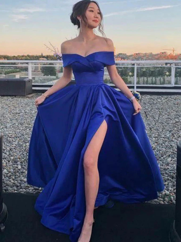 Off the Shoulder Blue Satin Long Prom Dresses with High Slit, Off Shoulder Blue Formal Graduation Evening Dresses Tunics Summer linen