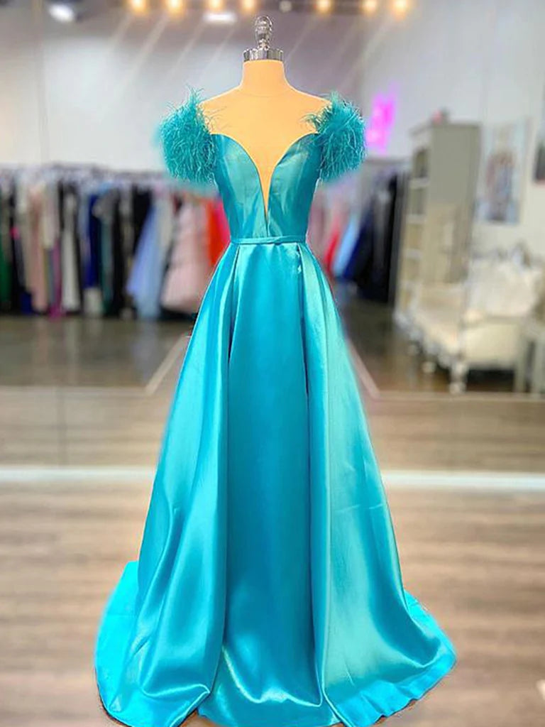 Off the Shoulder Blue V Neck Prom Dresses, Blue V Neck Long Formal Evening Dresses Tunics Lace romantic