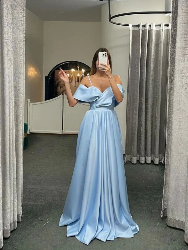 Off the Shoulder Light Blue Satin Prom Dresses, Off the Shoulder Light Blue Formal Evening Dresses Tunics Cozy soft