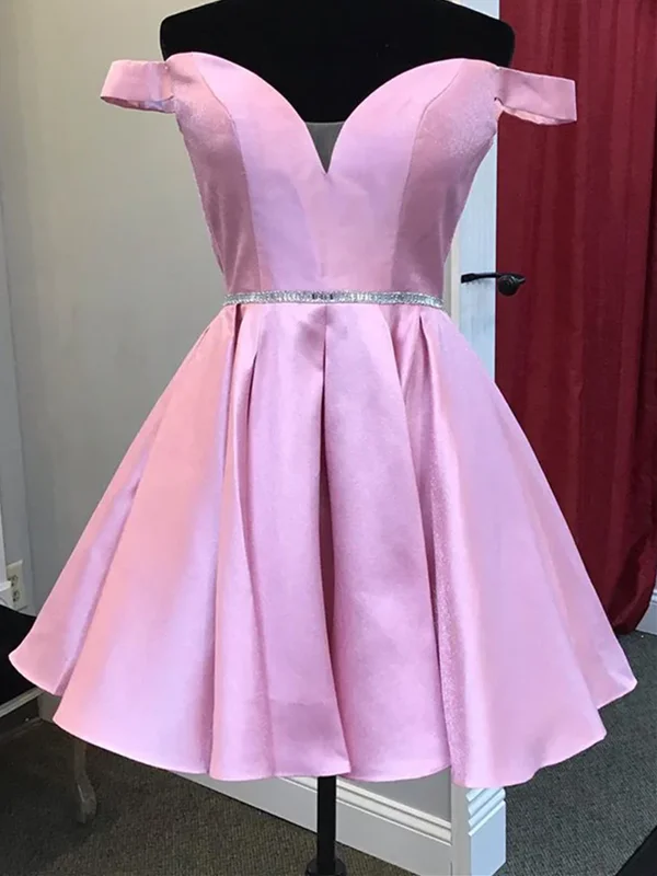 Off the Shoulder Pink Satin Short Prom Homecoming Dress with Belt, Off Shoulder Pink Formal Graduation Evening Dresses Tunics Gym athletic
