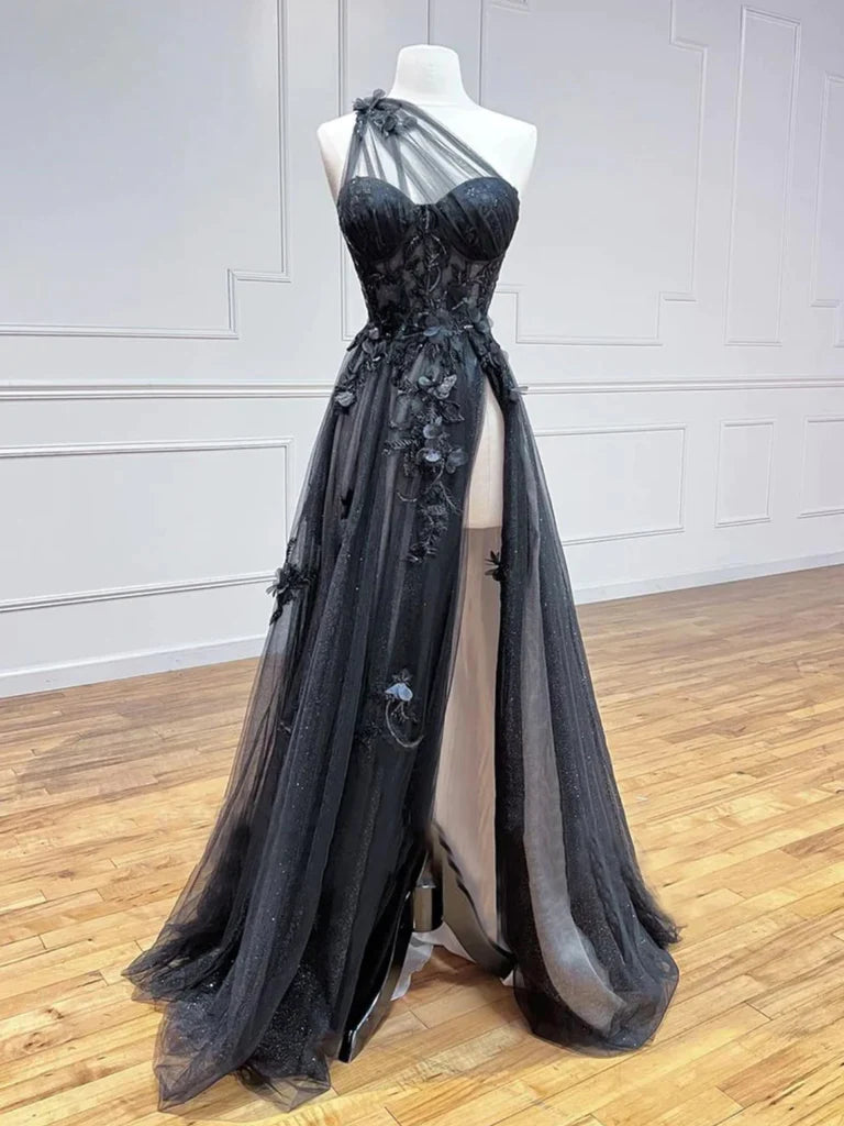 One Shoulder Black Lace Floral Long Prom Dresses with High Slit, One Shoulder Black Formal Dresses with 3D Flowers, Black Evening Dresses Tunics Cozy soft
