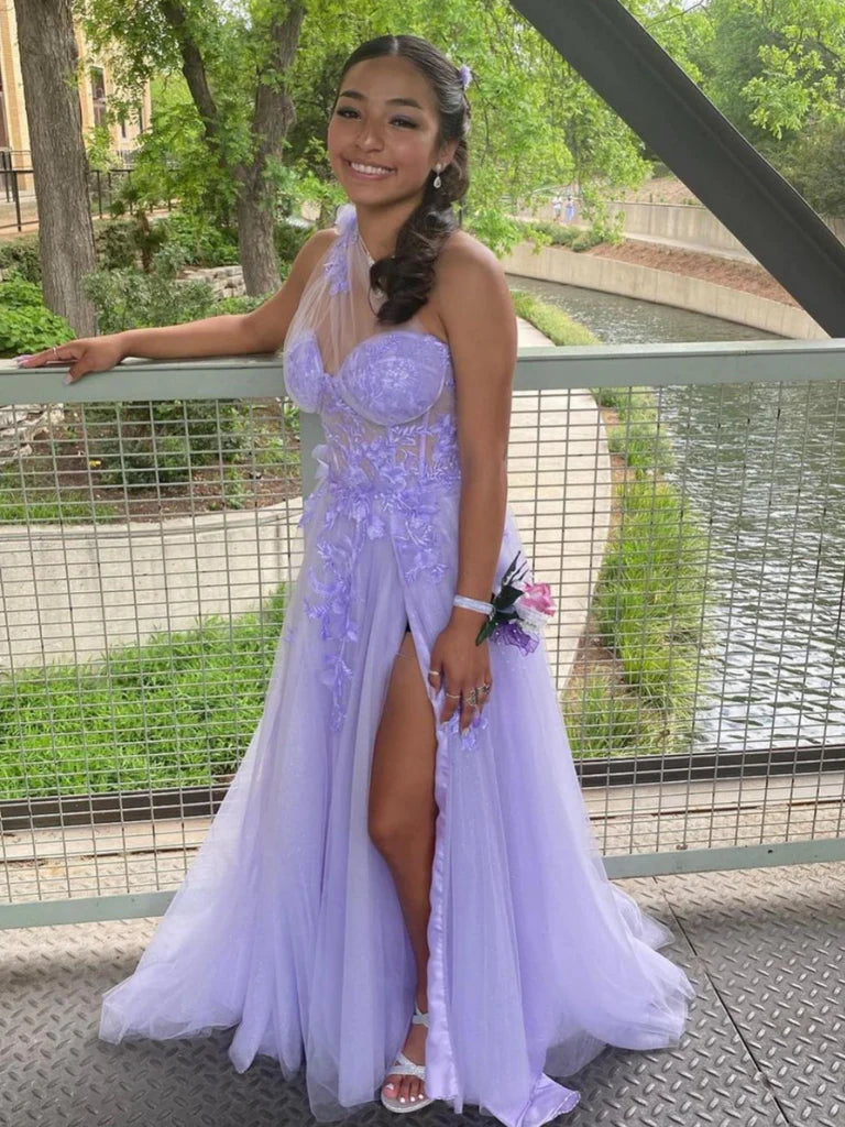 One Shoulder Purple Lace Floral Long Prom Dresses with High Slit, One Shoulder Lilac Formal Dresses with 3D Flowers, Purple Evening Dresses Sequined Elegant Party