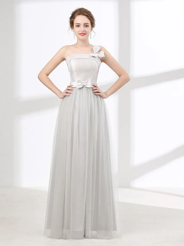 One Shoulder Soft Gray Floor Length Prom Evening Dress Tunics Short Trendy