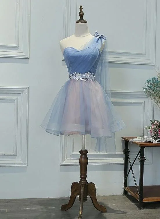 One Shoulder Tulle Sweetheart Party Dress, Short Blue Homecoming Dress Tunics Chic elegant