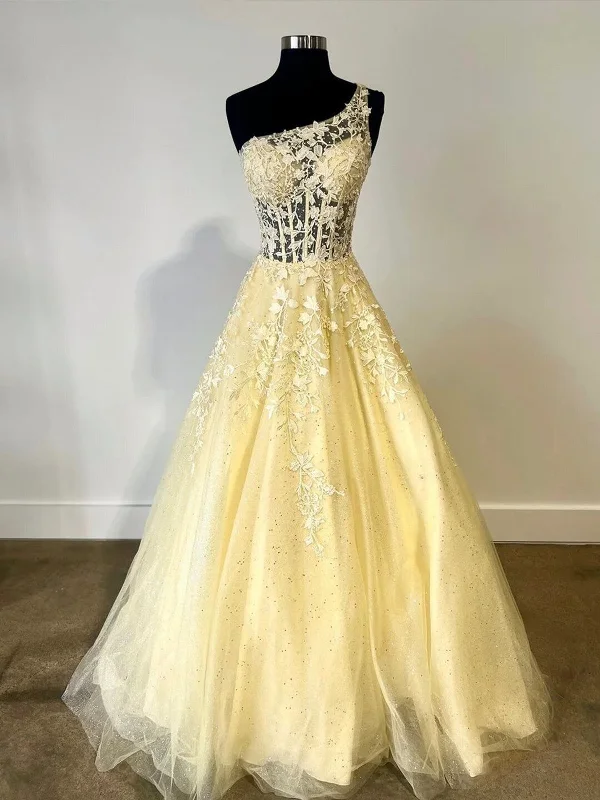 One Shoulder Yellow Lace Long Prom Dress, One Shoulder Party Dress Evening Dress Tunics Custom made