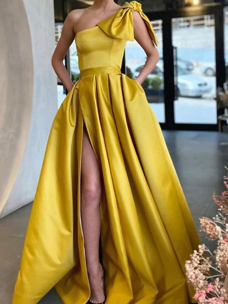 One Shoulder Yellow Satin Long Prom Dresses, One Shoulder Yellow Satin Long Formal Evening Dresses Tunics Cozy comfortable