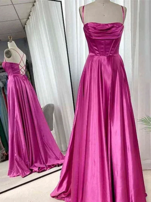 Open Back Fuchsia Satin Ruched Long Prom Dress, Long Fuchsia Formal Graduation Evening Dress Tunics Solid Classic