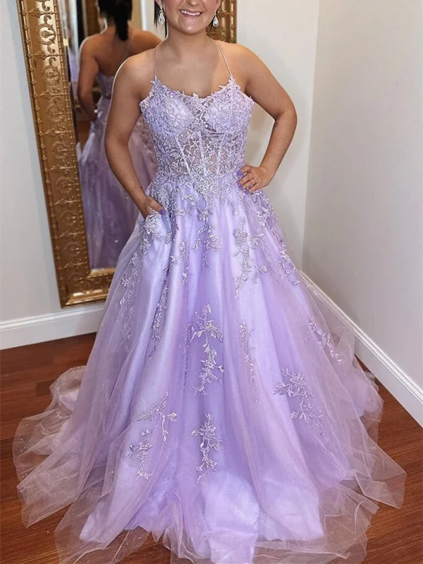 Open Back Purple Lace Tulle Long Prom Dress, Purple Lace Formal Dress, Long Purple Evening Dress Sequined Elegant Party