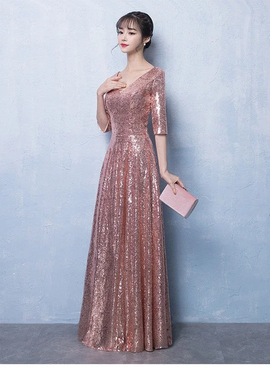 Peach Pink Sequins V-neckline Long Party Dress, Pink Bridesmaid Dress Tunics Lace romantic