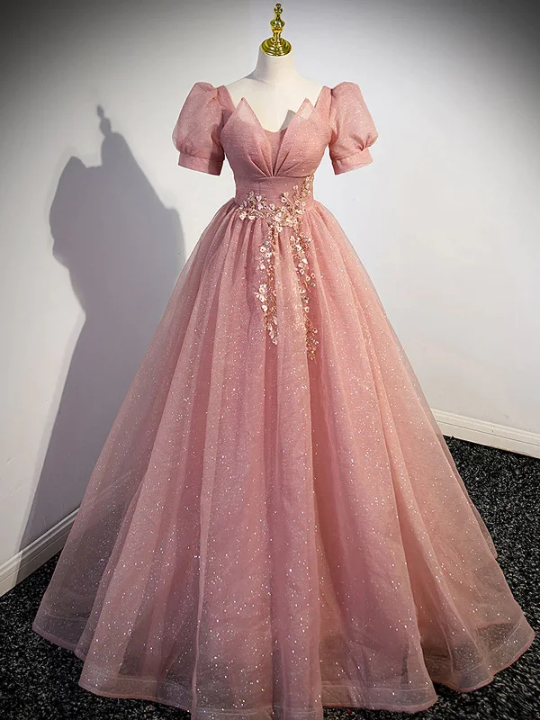 Pink A Line Tulle Sequin Lace Long Prom Dress, Pink Formal Evening Dresses Tunics Chic fashionable