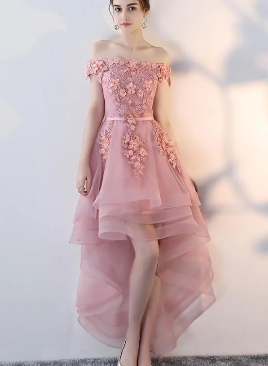 Pink High Low Tulle Off Shoulder Party Dress, Pink Homecoming Dress Tunics Satin smooth