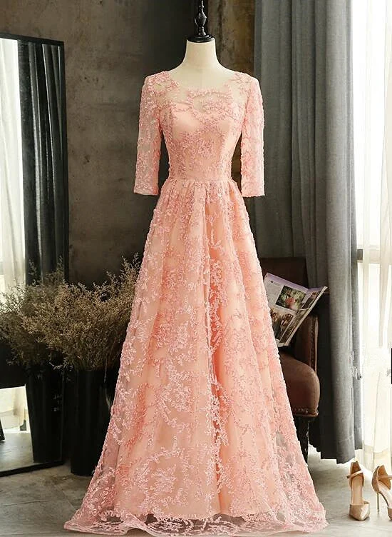 Pink Lace A-line Short Sleeves Bridesmaid Dress, Pink Long Party Dresses Tunics Party sparkling