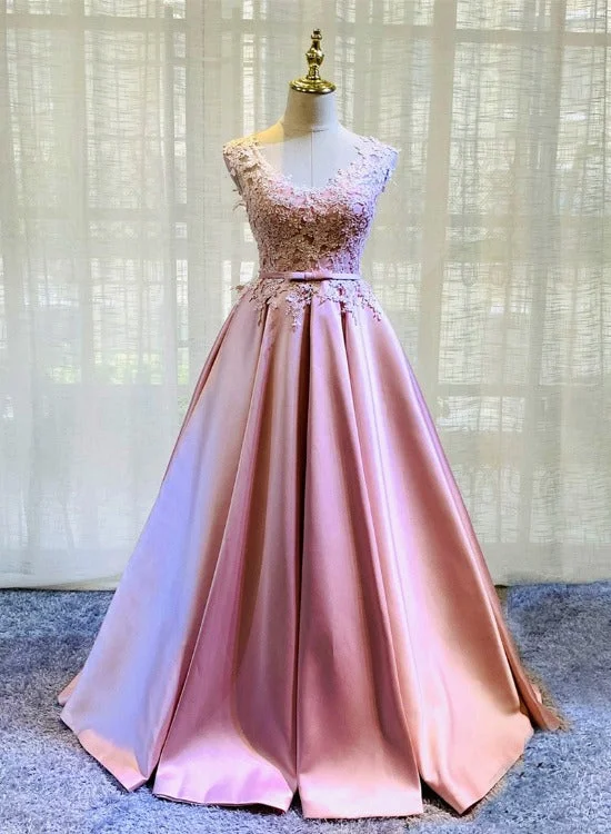 Pink Lace and Satin Floor Length Junior Prom Dress, Long Evening Dress Graduation Dress Tunics Trendy modern