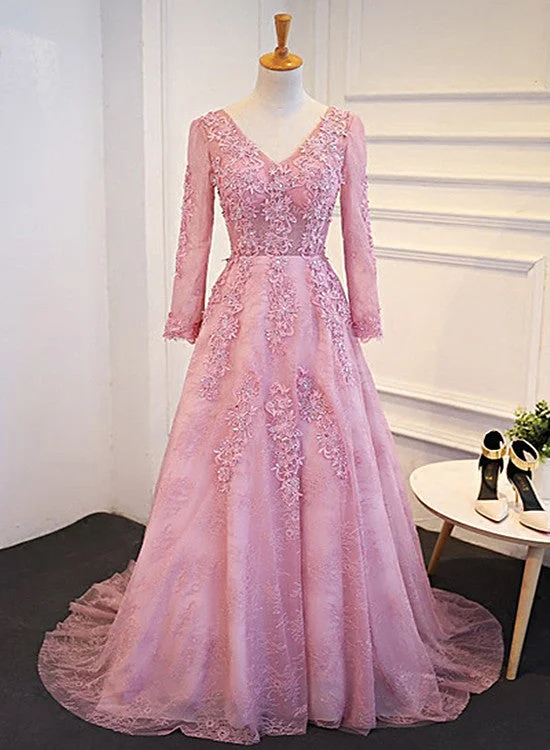 Pink Long Sleeves Lace Party Dress, Pink  Prom Dress Tunics Cozy soft