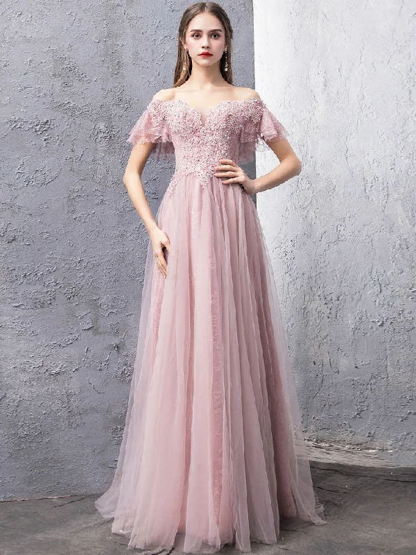 Pink Tulle Lace Off Shoulder Long Prom Dress, Pink Evening Dress Tunics Exclusive limited