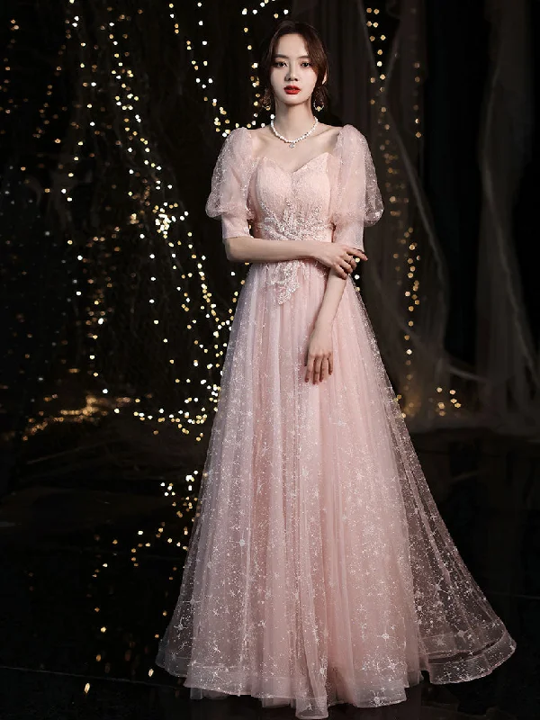 Pink Tulle Long Prom Dress, Pink Tulle Evening Dress Crew Neckline Casual