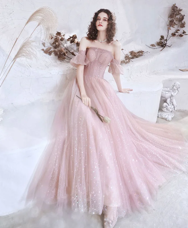 Pink Aline Tulle Long Prom Dress, Pink Formal Evening Party Dress Tunics Seasonal trendy