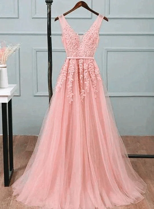 Pink V-neckline Long Party Dress, Tulle Bridesmaid Dresses Tunics Ceremony elegant