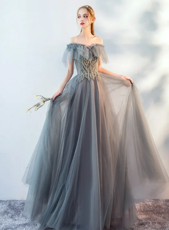 Pretty Gre Grey Off Shoulder Tulle Long Evening Dress Prom Dress, A-line Tulle Wedding Party Dresses sweetheart Neckline Romantic