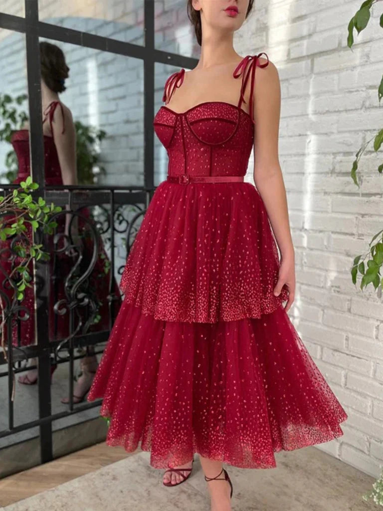 Pretty Sweetheart Neck Burgundy Layered Tea Length Prom Dresses, Burgundy Homecoming Dresses, Formal Evening Dresses Tunics Wedding white