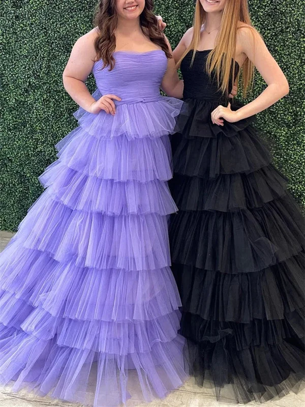 Purple/Black Strapless Tiered A-Line Long Prom Dress With Ruffles, Strapless Purple/Black Tulle Long Formal Evening Dress Tunics Prom sequined