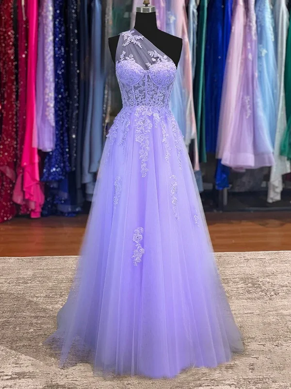 Purple Tulle Lace Long Prom Dress, One Shoulder Purple A-Line Formal Evening Dress Pencil Length Work