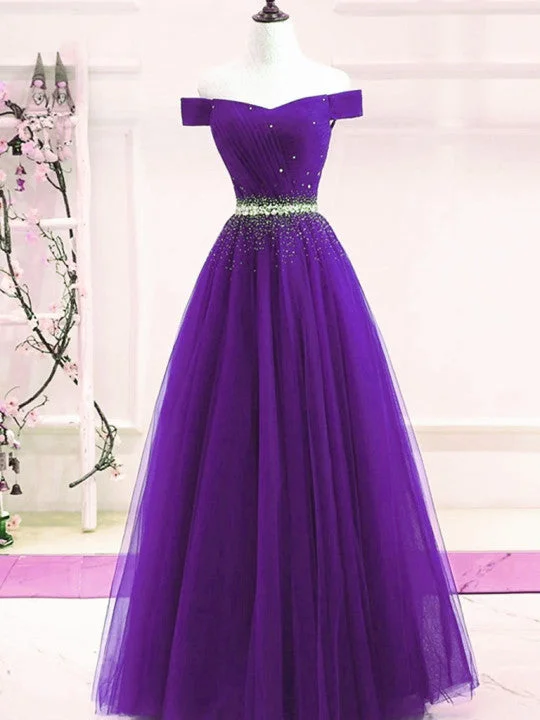 Purple Tulle Off Shoulder Long Party Dress, Beaded A-line Prom Dress Turtleneck Neckline Stylish