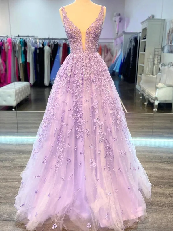 Purple V Neck Lace Long Prom Dress, Purple A Line Formal Evening Dress Tunics Sophisticated sleek