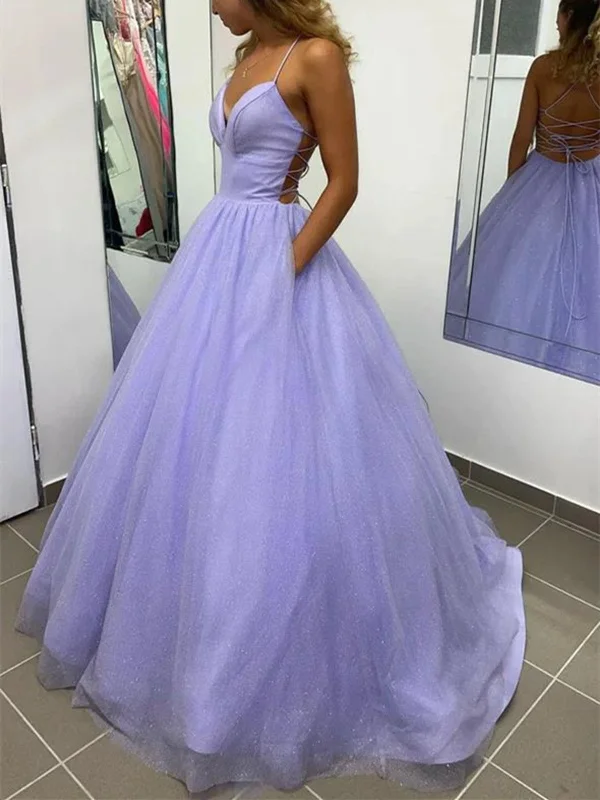 Purple V Neck Tulle Long Backless Prom Dresses, Purple V Neck Tulle Long Backless Formal Evening Dresses Pleated Skirt Elegant
