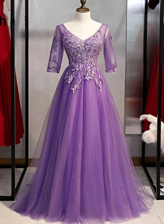 Purple  V Neck Tulle Long Party Dress with Sleeves, Prom Dress Tunics Business professional