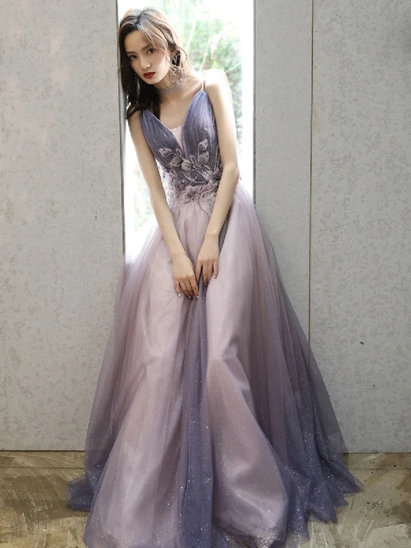 Purple V Neck Tulle Long Prom Dress, Purple Evening Dress Tunics Favorite customer