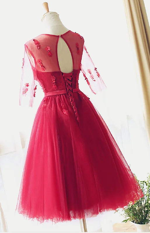 Red Lace Bridesmaid Dress Half Sleeves Lace Prom Dress Party Dress Tea length High-Low Hemline Casual