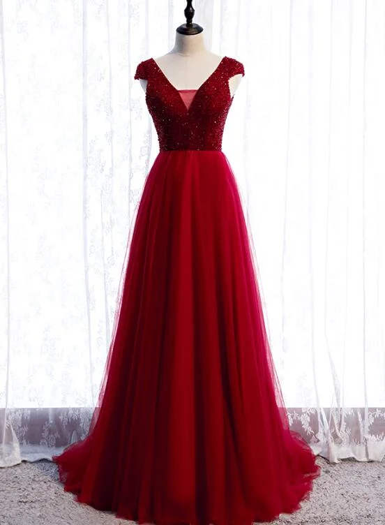 Red Tulle Cap Sleeves Long Party Dress, A-line Beaded Prom Dress Tunics Sale discount