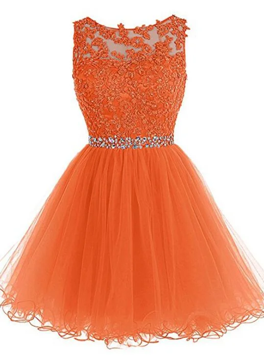 Round Neckline Orange Tulle Beaded Homecoming Dress, Short Party Dress Graduation Dress Tunics Recommended stylist