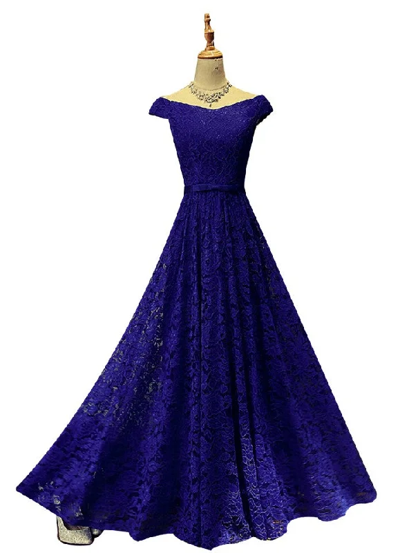 Royal Blue Lace Evening Dress Floor-length Bridesmaid Dress Satin Halter Glamorous