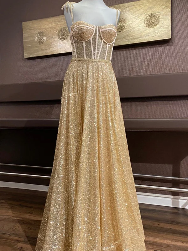 Shiny A Line Spaghetti Straps Gold Prom Dresses Long, Sweetheart Neck Golden Formal Dresses, Gold Tulle Evening Dresses Turtleneck Warm Winter