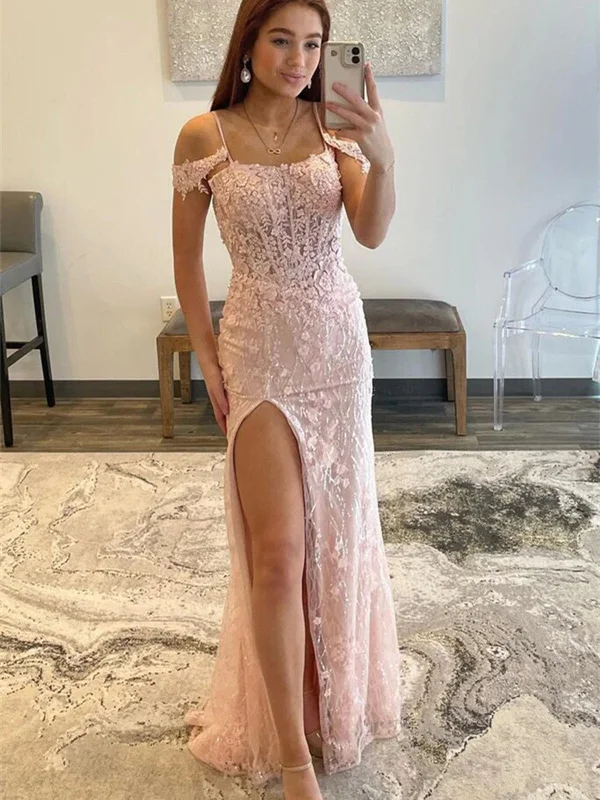 Shiny Off Shoulder Pink Lace Long Prom Dress with High Slit, Pink Lace Formal Dress, Pink Evening Dress Shift Classic Vintage