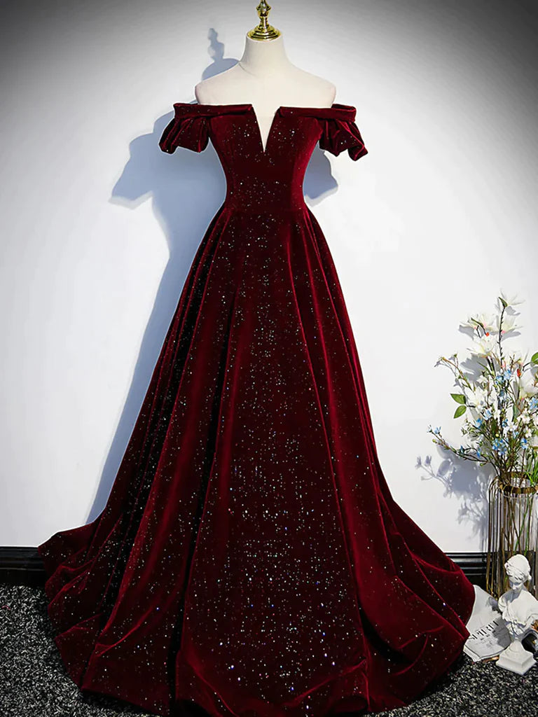 Shiny Off the Shoulder Burgundy Long Prom Dresses, Wine Red Long Formal Evening Dresses Tunics Gym athletic