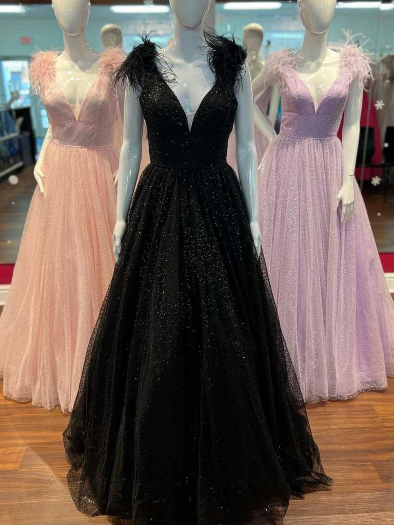 Shiny Tulle A Line V Neck Pink/Black/Purple Long Prom Dresses with High Slit, Long Pink/Black/Purple Formal Graduation Evening Dresses Tunics Cozy comfortable