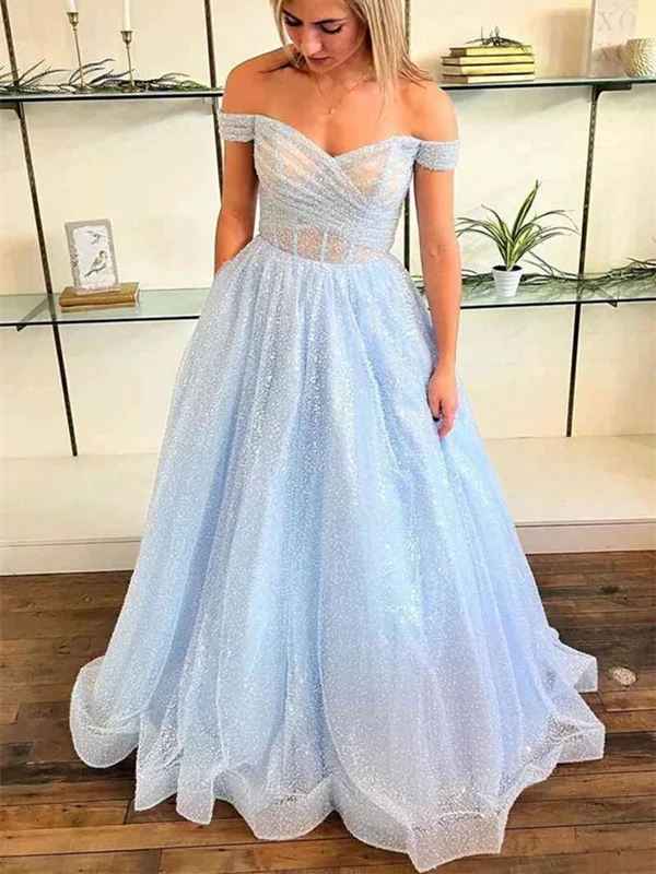 Shiny Tulle Off Shoulder Blue/Pink Long Prom Dress, Blue/Pink Formal Graduation Evening Dress Off-the-shoulder Bohemian Festive